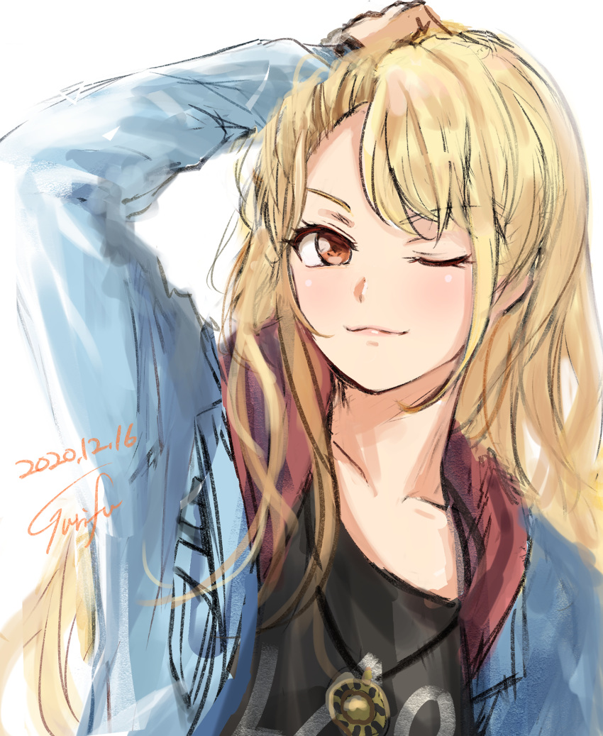 ;3 arm_up bang_dream! black_shirt blonde_hair blue_jacket brown_eyes closed_mouth commentary_request dated female gurifu highres jacket kirigaya_toko long_hair long_sleeves looking_at_viewer one_eye_closed open_clothes open_jacket parted_bangs shirt signature sleeves_past_wrists solo v-shaped_eyebrows very_long_hair