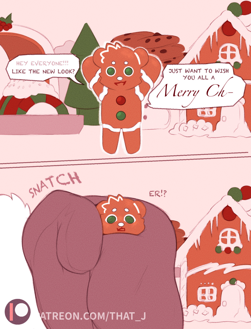 ambiguous_gender anthro bear character_in_hand christmas clothing cookie dialogue digital_media_(artwork) english_text food food_creature gingerbread gingerbread_house handwear hi_res holding_character holidays interrupted_speech larger_ambiguous mammal mittens mostly_offscreen_character santa_claus size_difference smaller_ambiguous talking_to_viewer text that_j uhoh url