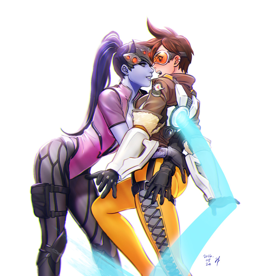 2girls ass black_gloves bodysuit brown_hair colored_skin commentary ear_piercing energy eye_contact face-to-face gloves goggles h_p hair_pulled_back head-mounted_display highres hug jacket long_hair looking_at_another multiple_girls open_mouth orange_bodysuit orange_goggles overwatch overwatch_1 parted_lips piercing pink_bodysuit ponytail purple_hair purple_skin short_hair smile spiked_hair surprised tracer_(overwatch) widowmaker_(overwatch) yellow_eyes yuri