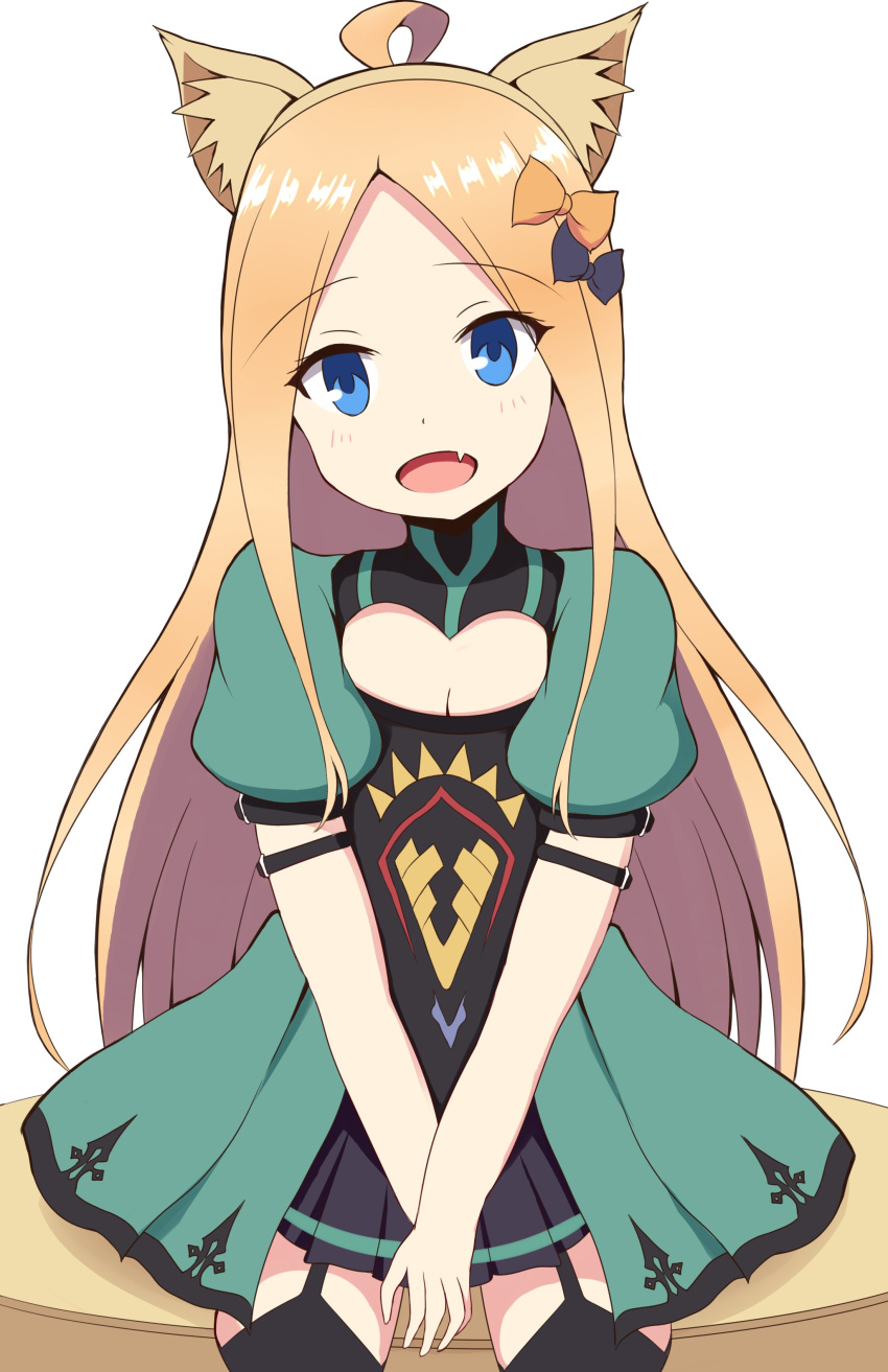 :d abigail_williams_(fate) absurdres ahoge animal_ear_fluff animal_ears atalanta_(fate) atalanta_(fate)_(cosplay) black_bow black_skirt black_thighhighs blonde_hair blue_eyes blush bow breasts cat_ears cleavage cleavage_cutout clothing_cutout commentary_request cosplay dress fake_animal_ears fate/apocrypha fate/grand_order fate_(series) female forehead garter_straps green_dress hairbow head_tilt highres long_hair mitchi oerba_yun_fang open_mouth orange_bow parted_bangs pleated_skirt puffy_short_sleeves puffy_sleeves short_sleeves sitting skirt small_breasts smile solo thighhighs very_long_hair white_background