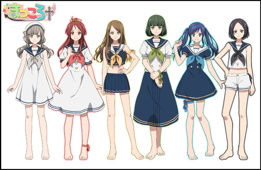 6+girls ankle_ribbon anklet barefoot black_border black_hair blue_eyes blue_hair border bow brown_hair commentary_request dress green_eyes green_hair grey_eyes grey_hair hairbow hat jewelry leg_ribbon lineup low_twintails matsuki_(mikipingpong) multiple_girls original pleated_skirt red_eyes red_hair ribbon sailor_collar sailor_dress sailor_hat shorts skirt smile twintails yellow_eyes