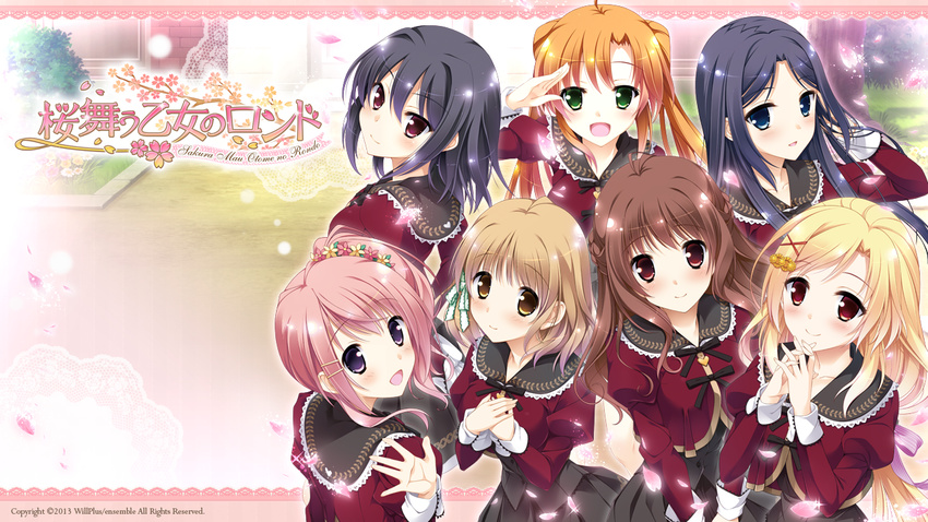 amatsuka_ryouka aragaki_wakana blonde_hair blue_eyes blue_hair brown_hair ensemble_(company) erihara_mitsuki game_cg green_eyes group kadowaki_sakura kimishima_ao komine_manami logo long_hair mahara_aoi mahara_yuri orange_hair pink_hair purple_eyes red_eyes sakura_mau_otome_no_rondo seifuku short_hair twintails watermark yellow_eyes