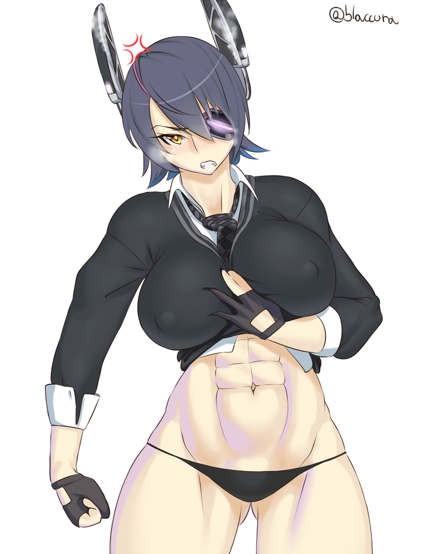 abs anger_vein angry bad_id bad_pixiv_id blaccura breasts covered_nipples eyepatch female fingerless_gloves gloves headgear highres kantai_collection large_breasts looking_at_viewer navel purple_hair short_hair simple_background solo tenryuu_(kancolle) twitter_username white_background yellow_eyes