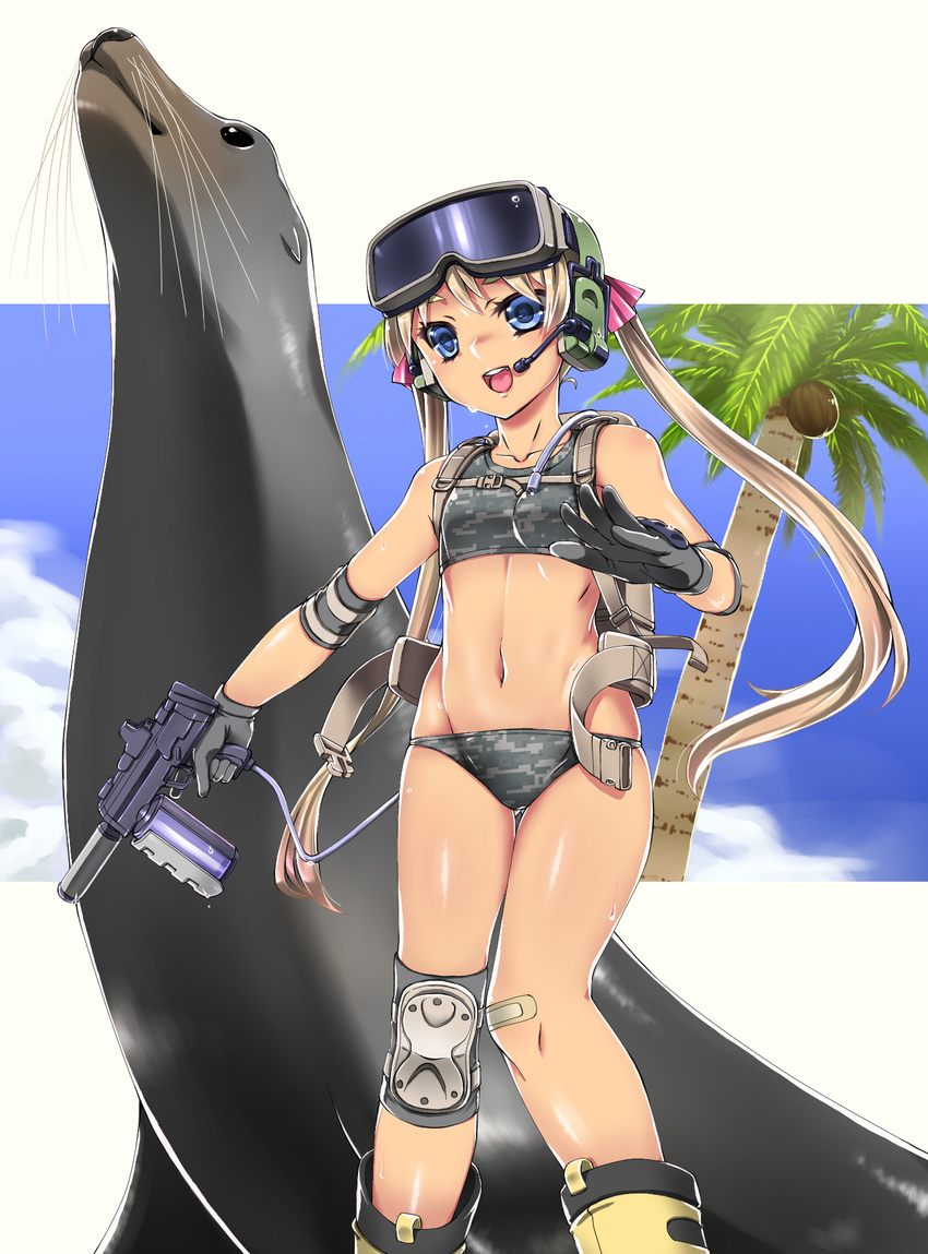 :d animal ankle_boots ass_visible_through_thighs backpack bag bandaid bandaid_on_knee bandaid_on_leg bare_shoulders bikini black_gloves blonde_hair blue_eyes blue_sky blush boots border buckle camouflage chiha_(abo_ecm_mk25) cloud commentary_request cowboy_shot day digital_camouflage elbow_pads female gloves goggles goggles_on_head grey_bikini gun headset highres holding holding_gun holding_weapon knee_pads long_hair looking_at_viewer low_twintails navel open_mouth original palm_tree plant round_teeth sea_lion shiny_skin sky smile solo standing stomach swimsuit tankini teeth thigh_gap tree trigger_discipline twintails very_long_hair weapon whiskers white_border yellow_footwear