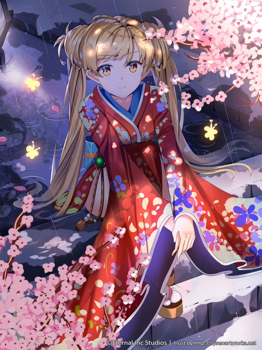 brown_eyes cherry_blossoms commentary_request eternal_wars female floral_print highres japanese_clothes kimono long_hair looking_at_viewer official_art outdoors photoshop_(medium) puddle rain sitting smile stairs sysen twintails watermark web_address