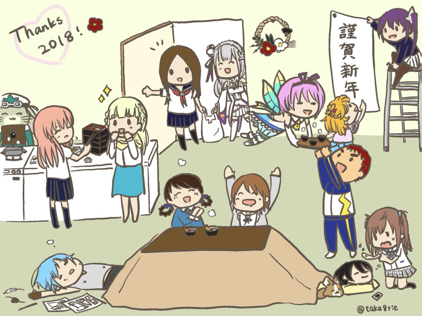 1boy 6+girls ameno_sagiri_(yuragisou_no_yuuna-san) asahina_mirai bag blonde_hair braid brown_hair butterfly_wings caligula_(game) caligula_(series) canine cellphone chibi chikuwa_(yurucamp) chopsticks comic_girls commentary_request cooking crown_braid death_march_kara_hajimaru_isekai_kyousoukyoku emilia_(re:zero) english_text fingerless_gloves flower flying_sweatdrops food gloves grey_hair hakumei_to_mikochi han-gyaku-sei_million_arthur hands_on_own_face highres inazuma_eleven_(series) inazuma_eleven_ares_no_tenbin insect_wings karakai_jouzu_no_takagi-san katsuki_tsubasa kayli_mills kotatsu ladder long_hair mahou_girls_precure! mikado_anna million_arthur_(series) mimi_(hakumei_to_mikochi) multiple_girls nanahashi_minori naoe_ryouko no_nose noodles one_room open_mouth opening_door outstretched_arms phone pink_hair plastic_bag pleated_skirt precure purple_hair re:zero_kara_hajimeru_isekai_seikatsu red_hair saitou_ena sakanoue_noboru school_uniform shinohara_mifue short_hair side_ponytail skirt sleeping soba table takagi-san takahashi_rie takahashi_rie_(artist) tenrou:_sirius_the_jaeger titania_(han-gyaku-sei_million_arthur) track_suit twin_braids twitter_username two_side_up voice_actor_connection wings yuragisou_no_yuuna-san yurucamp zena_marientail