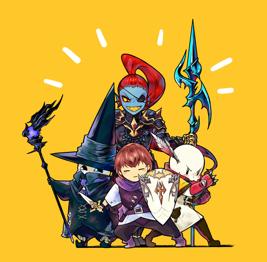 2boys ^^^ absurdres androgynous armor black_mage_(final_fantasy) blush boots brown_hair clenched_hands closed_eyes colored_sclera crossover dragoon_(final_fantasy) eyepatch feathers female final_fantasy final_fantasy_xiv frisk_(undertale) grin hat highres knife long_hair monk_(final_fantasy) multiple_boys paladin_(final_fantasy) papyrus_(undertale) parted_lips polearm ponytail red_eyes red_hair sans_(undertale) shield skeleton smile spear spiked_knuckles staff standing undertale undyne warrior_of_light_(ff14) weapon witch_hat wizard_hat yamtteng yellow_background yellow_sclera yellow_teeth