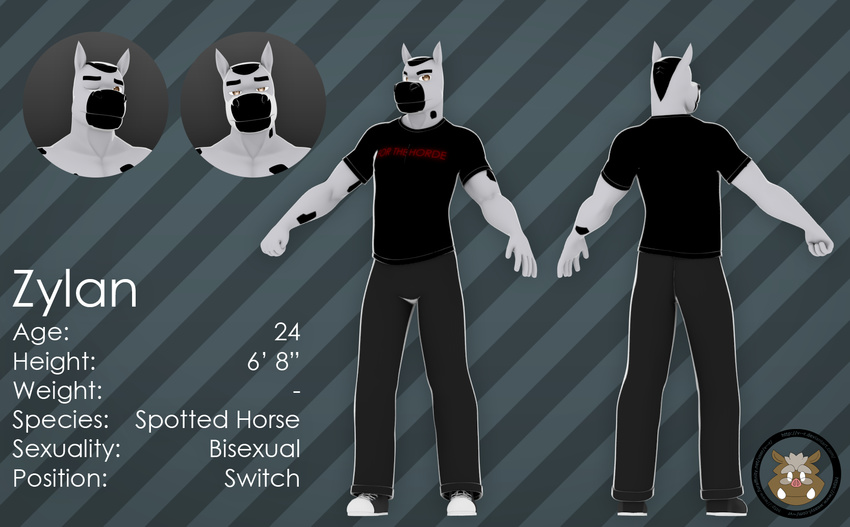 3d_(artwork) 5_fingers biceps black_hair bottomwear brown_eyes buzz_cut clothed clothing digital_media_(artwork) english_text equid equine eyebrows fingers footwear hair hi_res horse male mammal model_sheet muscular muscular_male pants shirt shoes solo spots text thick_eyebrows topwear vrart1 zylan