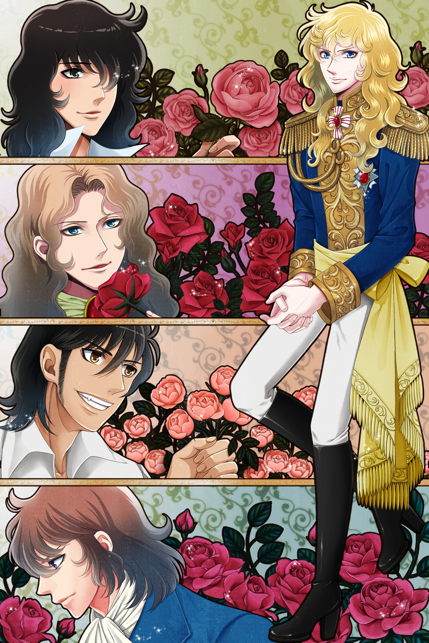 4boys absurdres aiguillette alain_de_soissons andre_grandier ascot bishounen black_eyes black_footwear black_hair blonde_hair blue_eyes boots bouquet brooch brown_hair collared_shirt commentary_request epaulettes female flower full_body grin hair_between_eyes hair_over_one_eye hans_axel_von_fersen high_heel_boots high_heels highres holding jewelry knee_boots long_hair long_sleeves multiple_boys oerba_yun_fang oscar_francois_de_jarjayes own_hands_together photoshop_(medium) pink_flower pink_rose portrait profile red_flower red_rose reverse_trap rose sash shirt short_hair sideburns smile sparkle uniform versailles_no_bara victor_clement_de_girodelle wavy_hair yellow_eyes yuuri_(kazuya1008)