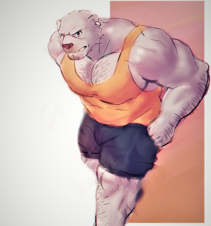 2018 anthro bear biceps bottomwear clothed clothing digital_media_(artwork) ep06 episode0006 fur male mammal muscular muscular_anthro muscular_male polar_bear shirt shorts simple_background solo tank_top topwear ursine