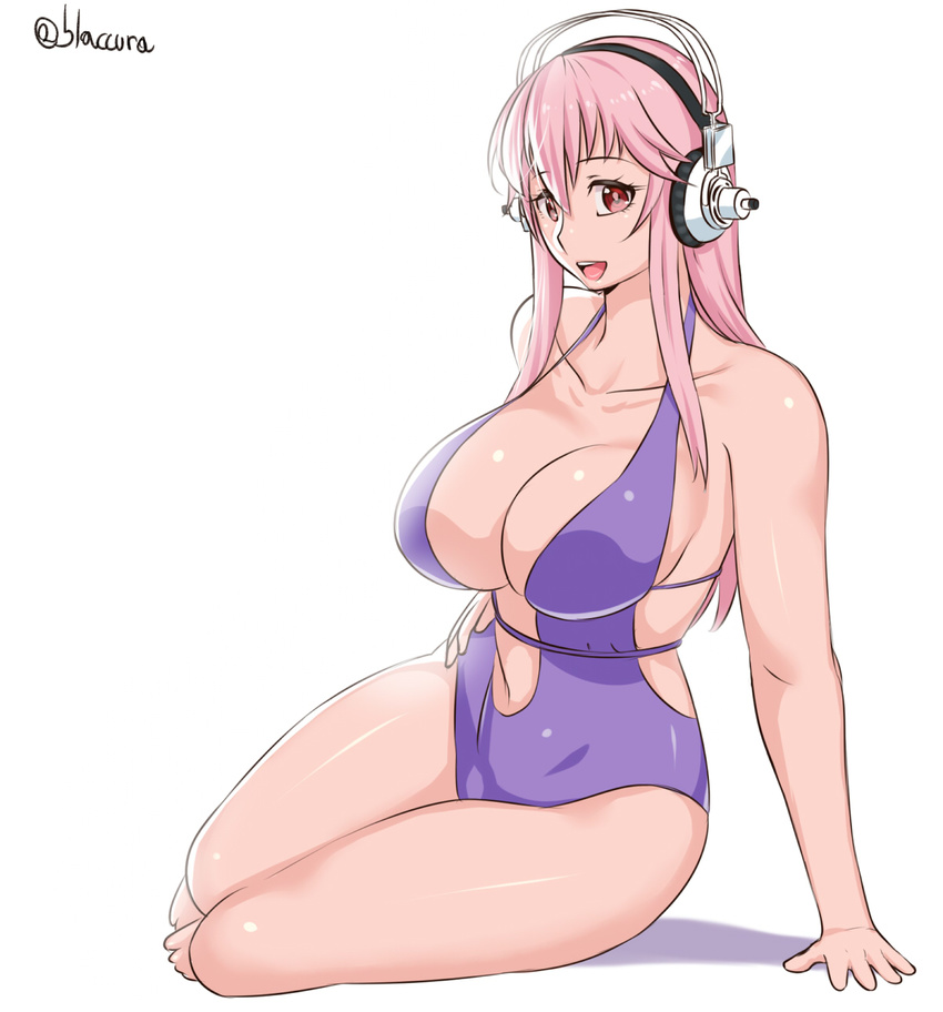 bad_id bad_pixiv_id blaccura breasts cleavage female headphones highres large_breasts long_hair looking_at_viewer nitroplus pink_hair red_eyes simple_background solo super_sonico swimsuit thighs twitter_username white_background