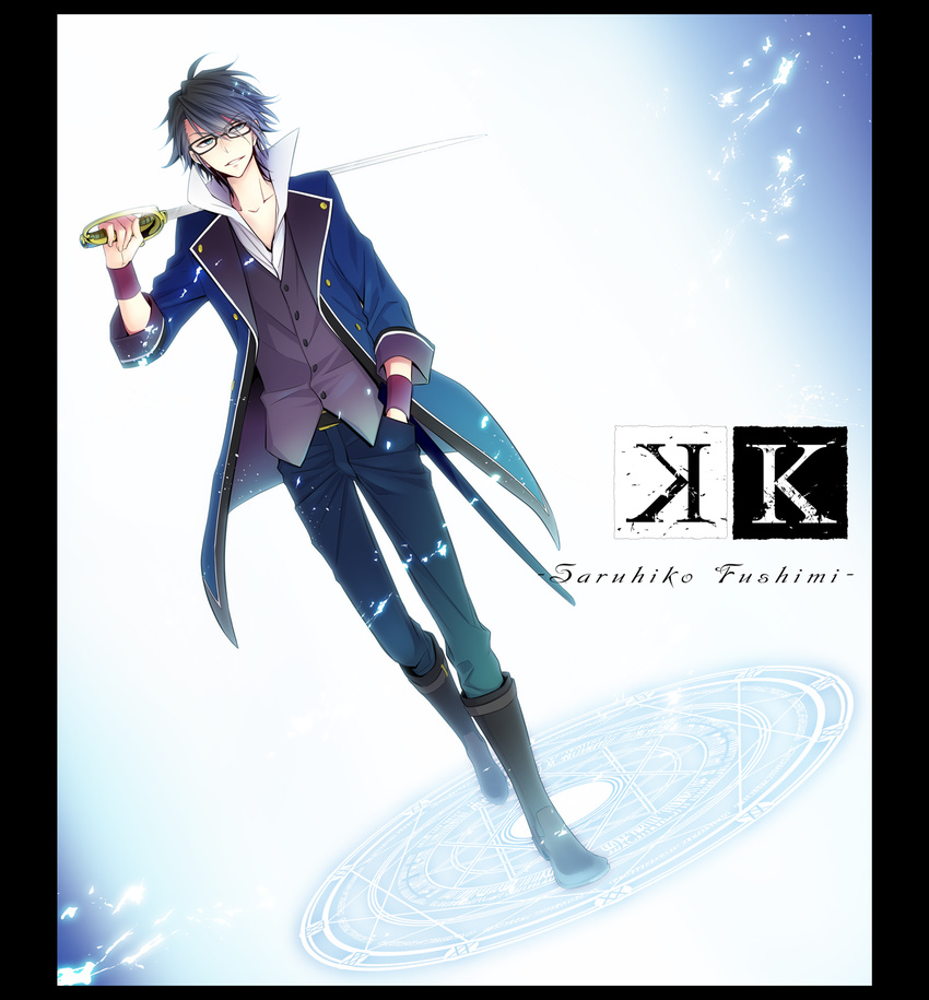 1boy bad_id bad_pixiv_id black-framed_eyewear black_footwear black_hair black_pants black_shirt boots bow character_name collarbone copyright_name dress_shirt dutch_angle fujyu full_body fushimi_saruhiko glasses hairbow hand_in_pocket highres holding holding_sword holding_weapon k-project magic_circle male_focus pants parted_lips saber_(weapon) sheath shirt solo standing sword weapon wrist_cuffs