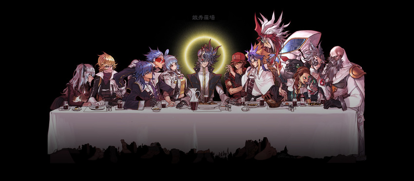 3girls 6+boys antinomy aporia bald beard blonde_hair blue_eyes blue_hair bread brown_hair bruno_(yu-gi-oh!) commentary_request crossed_arms cup cyborg dyed_bangs everyone facial_hair fine_art_parody food gloves grey_hair hair_slicked_back halo hand_up highres jose_(yu-gi-oh!) konami-kun long_hair long_table lucciano medium_hair misaki_(yu-gi-oh!) multicolored_hair multiple_boys multiple_girls paradox_(yu-gi-oh!) parody photoshop_(medium) pigeon666 placido purple_hair rain_megumi red_eyes red_hair sherry_leblanc short_hair smile spiked_hair streaked_hair table the_last_supper white_hair yu-gi-oh! yu-gi-oh!_5d's yu-gi-oh!_tag_force z-one