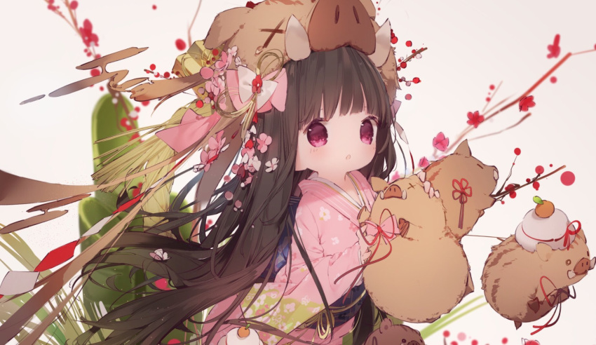 :o animal bad_id bad_twitter_id blurry blurry_background blush brown_hair chinese_zodiac commentary_request depth_of_field female flower grey_background highres japanese_clothes kagami_mochi kimono long_hair long_sleeves looking_at_viewer mabuta_(byc0yqf4mabye5z) obi original parted_lips pig pink_kimono purple_eyes red_flower sash simple_background sleeves_past_wrists solo tears very_long_hair x_x year_of_the_pig