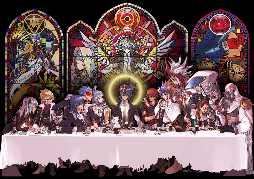 3girls 6+boys antinomy aporia bald beard blonde_hair blue_eyes blue_hair bread brown_hair bruno_(yu-gi-oh!) christmas_star commentary_request crossed_arms crow_hogan cup cyborg dragon drink dyed_bangs everyone facial_hair fine_art_parody food gloves grey_hair hair_slicked_back halo hand_up highres jose_(yu-gi-oh!) konami-kun long_hair long_table lucciano mechanical_wings medium_hair misaki_(yu-gi-oh!) mosaic_art multicolored_hair multiple_boys multiple_girls paradox_(yu-gi-oh!) parody pigeon666 placido purple_hair rain_megumi red_eyes red_hair sherry_leblanc short_hair smile spiked_hair stained_glass streaked_hair table the_last_supper white_hair wings yu-gi-oh! yu-gi-oh!_5d's yu-gi-oh!_tag_force z-one