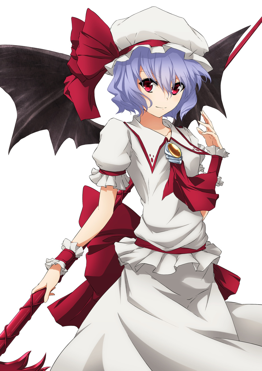 absurdres aono_meri ascot bad_id bad_pixiv_id bat_wings brooch dress female hat hat_ribbon highres jewelry light_purple_hair looking_at_viewer mob_cap puffy_sleeves red_eyes remilia_scarlet ribbon sash shirt short_hair short_sleeves simple_background skirt skirt_set smile solo spear_the_gungnir touhou white_background white_dress wings wrist_cuffs