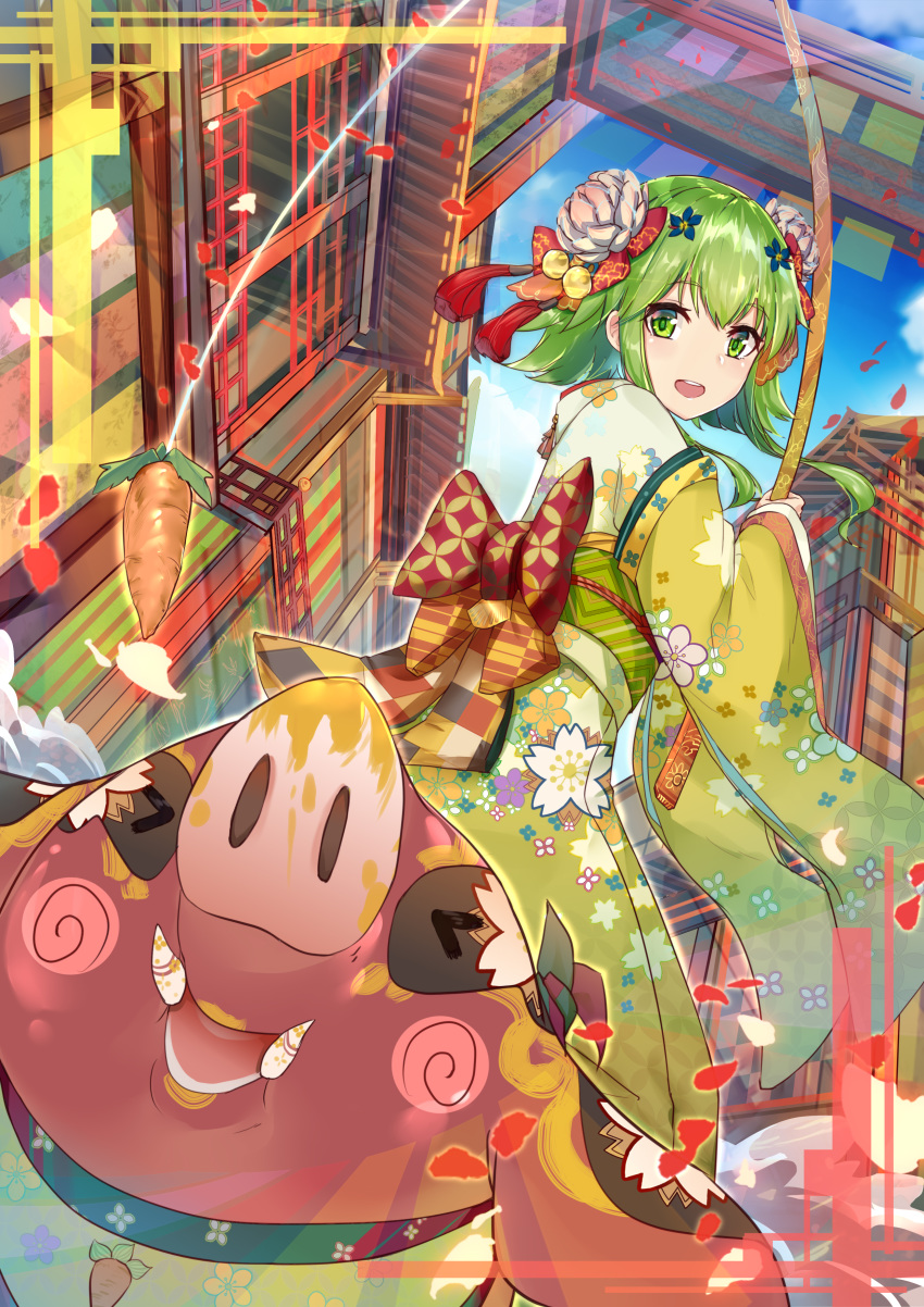 >_< :d absurdres animal back_bow blue_flower blush_stickers bobo_(6630978) bow building carrot carrot_on_stick checkered_bow checkered_clothes chinese_commentary chinese_zodiac commentary day female fishing_rod floral_print flower green_eyes green_hair green_kimono gumi hair_flower hair_ornament hairbow highres holding japanese_clothes kanzashi kimono long_sleeves looking_back new_year obi open_mouth orange_bow outdoors petals pig red_bow riding sash short_hair_with_long_locks smile solo striped striped_bow tassel vocaloid white_flower wide_sleeves xd year_of_the_pig