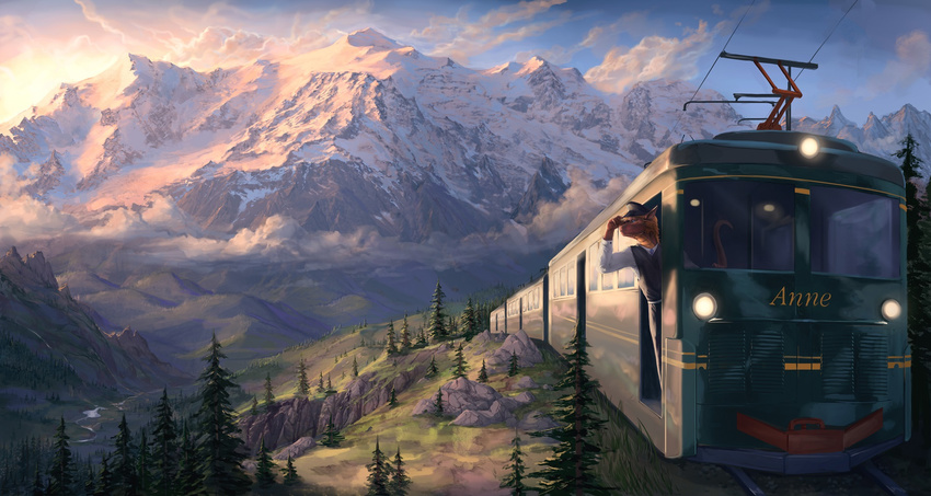 2015 2016 aaros amazing_background anthro clothed clothing cloud day detailed detailed_background dragon electric_railcar hat headgear headwear hi_res male mountain mythological_creature mythological_scalie mythology passenger_train plant railcar reptile scalie scenery_porn sky smile solo sunset tail text train tree vehicle wallpaper