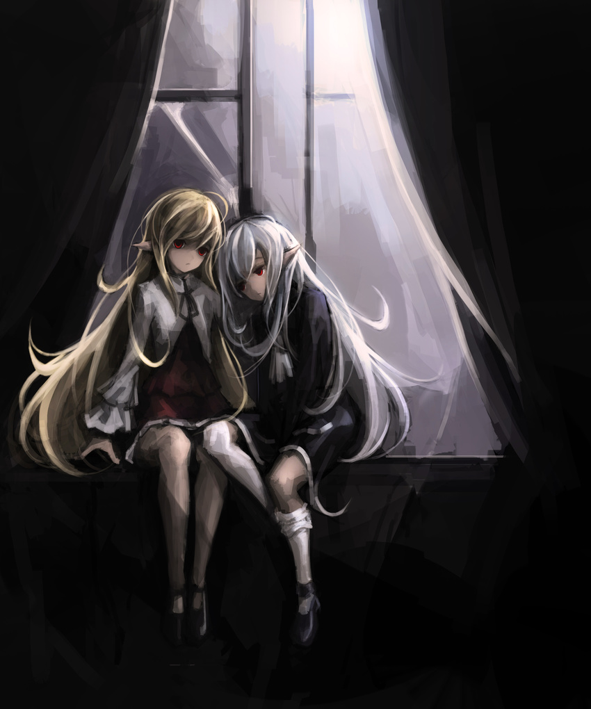 2girls :/ absurdres bad_id bad_pixiv_id black_footwear blonde_hair curtains frown grey_hair gyup highres kneehighs long_hair long_sleeves mary_janes multiple_girls original photoshop_(medium) pointy_ears red_eyes shoes sitting socks very_long_hair white_legwear window