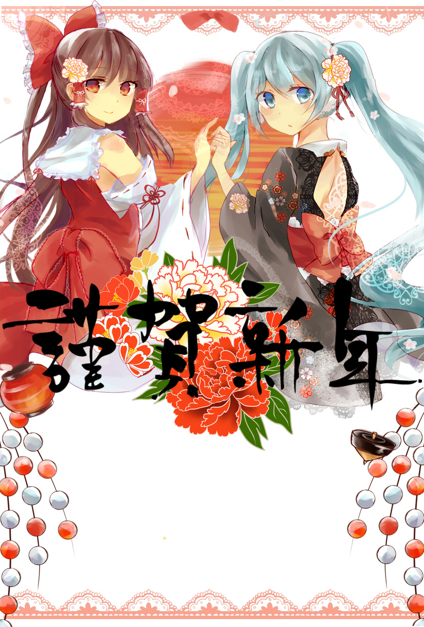 2girls aqua_eyes aqua_hair bad_id bad_pixiv_id bow brown_hair detached_sleeves floral_print flower gyroscope hair_flower hair_ornament hair_ribbon hair_tubes hairbow hakama hakama_skirt hakurei_reimu happy_new_year hatsune_miku highres holding_hands japanese_clothes kimono lantern long_hair long_sleeves looking_at_viewer looking_back moko_(mokochisa) multiple_girls new_year red_eyes ribbon sash skirt smile touhou twintails very_long_hair vocaloid wide_sleeves