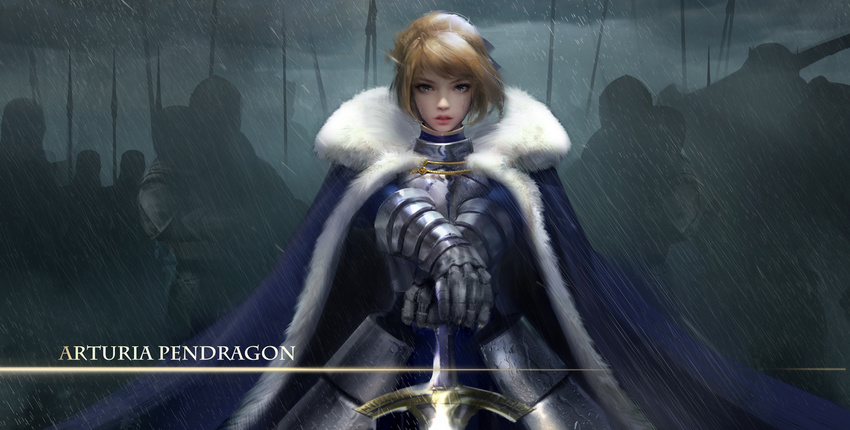 armor blonde_hair blue_eyes cape fate/stay_night fate_(series) rain saber sword water weapon yueyue