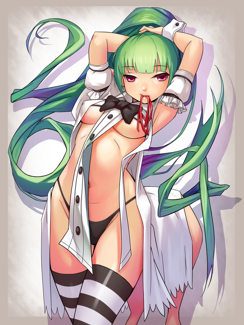 arms_up breasts centaur commentary female green_hair highres lips long_hair looking_at_viewer medium_breasts monster_girl mouth_hold navel original panties pointy_ears red_eyes ribbon solo striped_clothes striped_thighhighs taur thighhighs underboob underwear very_long_hair weien wrist_cuffs