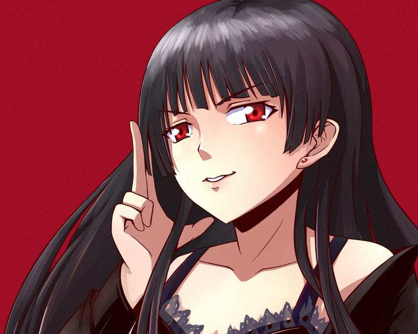 bare_shoulders black_hair bra coat female inu_to_hasami_wa_tsukaiyou lips long_hair magenta_background natsuno_kirihime open_mouth red_eyes simple_background underwear