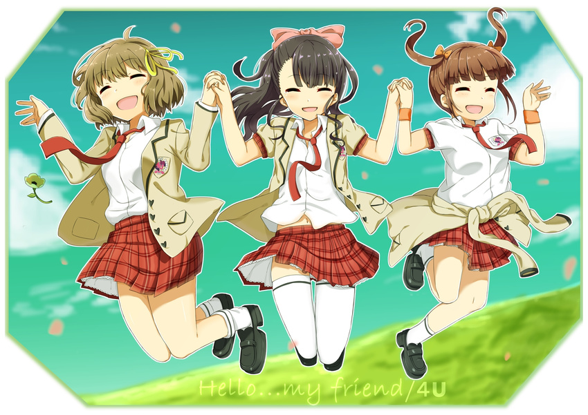 3girls ^_^ black_footwear black_hair bow brown_hair closed_eyes clothes_around_waist commentary_request hair_ribbon hairbow highres holding_hands interlocked_fingers jacket jacket_around_waist jumping kirara_jump kujou_ume midair multiple_girls ribbon saeki_hina school_uniform shiime shoes short_hair skirt smile socks tears thighhighs tokyo_7th_sisters twintails wanibuchi_emoko wristband