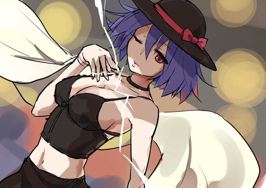 alternate_costume breasts commentary_request female hair_between_eyes hat large_breasts light_particles looking_at_viewer midriff nagae_iku navel one_eye_closed pouty_lips purple_hair red_eyes shawl solo touhou yuugiri_(u-slash)