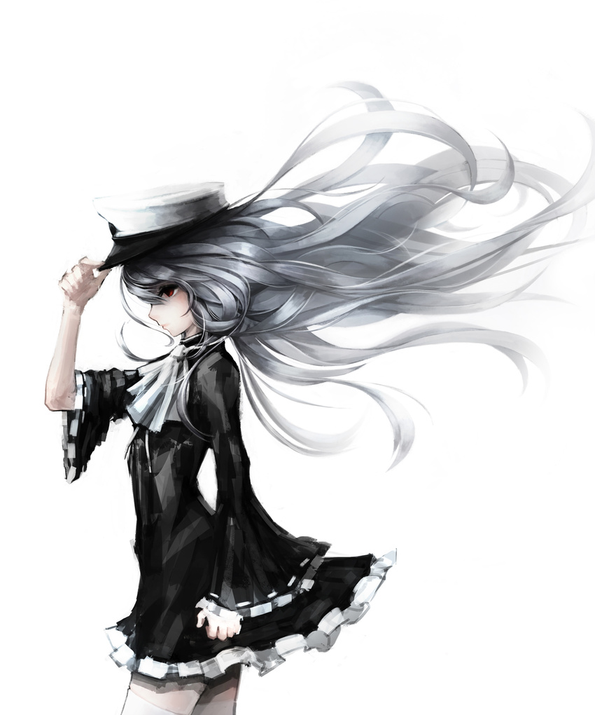 absurdres bad_id bad_pixiv_id black_dress closed_mouth copyright_request dress female from_side grey_hair gyup hand_on_headwear hat highres long_hair peaked_cap photoshop_(medium) profile red_eyes simple_background solo white_background wide_sleeves