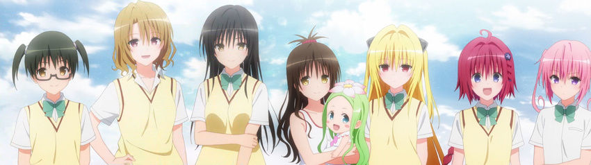 6+girls :/ :d age_difference ahoge anime_screenshot bare_shoulders black-framed_eyewear blonde_hair blue_eyes blush blush_stickers bow bowtie braid brown_hair buttons carrying celine_(to_love-ru) cloud curly_hair day expressionless flat_chest flower glasses green_hair hair_between_eyes hair_bobbles hair_flower hair_intakes hair_ornament half_updo hand_on_own_hip happy highres konjiki_no_yami kotegawa_yui kurosaki_mea light_smile lolicon long_hair looking_at_viewer momioka_risa multiple_girls nana_asta_deviluke open_mouth outdoors parted_bangs pink_eyes pink_hair purple_eyes red_eyes red_hair sainan_high_school_uniform sawada_mio school_uniform semi-rimless_eyewear shirt short_sleeves short_twintails side_braid sky smile stitched sweater_vest tank_top third-party_edit to_love-ru to_love-ru_darkness twintails two_side_up under-rim_eyewear upper_body very_long_hair yellow_eyes yuuki_mikan