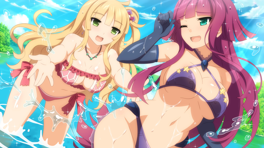 2girls :d ;d bikini bikini_top_only black_gloves blunt_bangs breasts bush cleavage criss-cross_halter day dutch_angle elbow_gloves frilled_bikini frills game_cg gloves green_eyes halterneck jewelry large_breasts leaning_forward long_hair looking_at_another moegihara_arisa multiple_girls navel necklace one_eye_closed one_side_up open_mouth outdoors outstretched_arms pink_bikini purple_bikini purple_hair sakura_nova setsuna_kaguya smile sparkle splashing standing sunlight swimsuit very_long_hair wading wanaca water water_drop wet