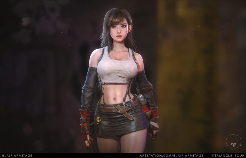 3d absurdres artist_name bare_shoulders belt black_skirt blair_armitage blurry blurry_background breasts brown_eyes brown_hair chocobo cleavage closed_mouth collarbone commentary_request crop_top dirty earrings elbow_gloves elbow_pads female final_fantasy final_fantasy_vii fingerless_gloves gloves highres jewelry large_breasts lips long_hair midriff miniskirt navel skirt sleeveless solo tifa_lockhart torn_clothes