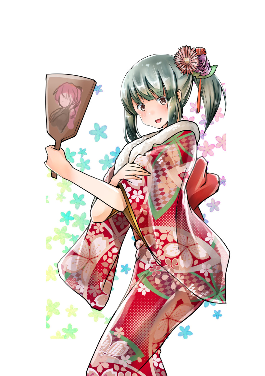 absurdres bow commentary_request feet_out_of_frame female floral_background flower fur-trimmed_kimono fur_trim furisode green_eyes grey_hair hagoita hair_flower hair_ornament hairbow highres japanese_clothes kantai_collection kazu_(really_in_hot_water_now) kimono long_hair paddle ponytail red_kimono solo white_background yuubari_(kancolle)