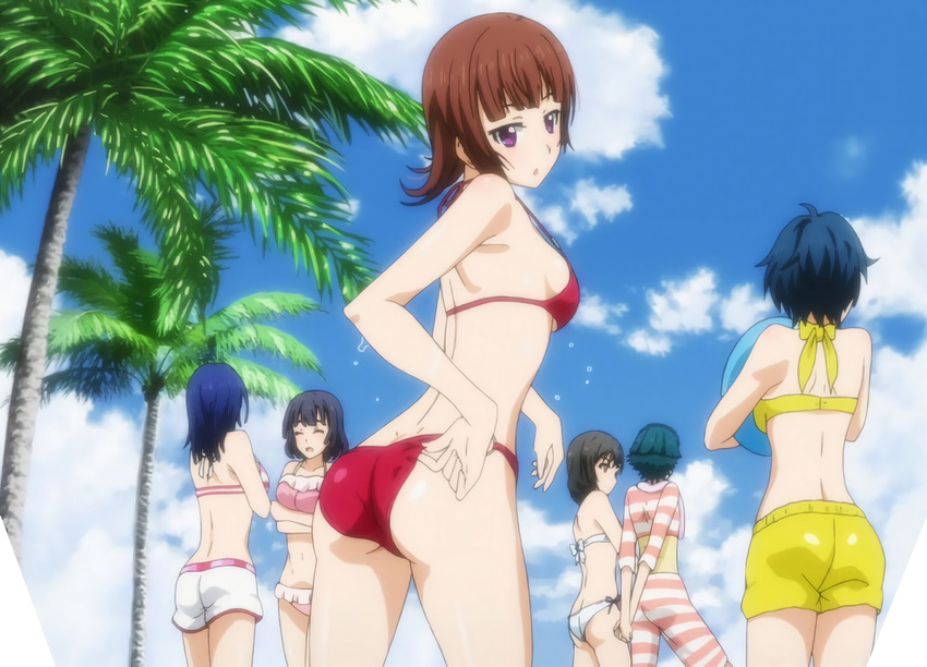 6+girls active_raid adjusting_clothes adjusting_swimsuit anime_screenshot arms_behind_back ass bikini black_hair blue_hair breasts brown_hair character_request closed_eyes cloud cloudy_sky day frilled_bikini frills from_behind hoshimiya_haruka kazari_asami large_breasts long_hair looking_back medium_breasts multiple_girls one-piece_swimsuit open_mouth outdoors palm_tree parted_lips pink_bikini purple_eyes red_bikini short_hair short_shorts shorts sideboob sky standing striped_bikini striped_clothes striped_one-piece_swimsuit swimsuit tree underboob white_bikini white_shorts yellow_bikini