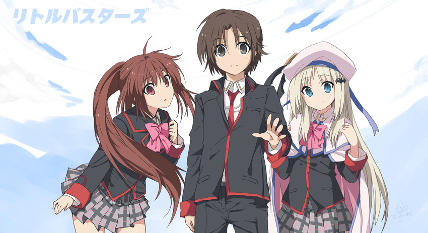 1boy 2girls bad_id bad_pixiv_id blue_eyes bow brown_eyes brown_hair cape copyright_name grey_hair hat highres little_busters! little_busters!_school_uniform long_hair multiple_girls naoe_riki natsume_rin noto_tsugumi noumi_kudryavka photoshop_(medium) pink_bow ponytail red_eyes school_uniform short_hair thighhighs