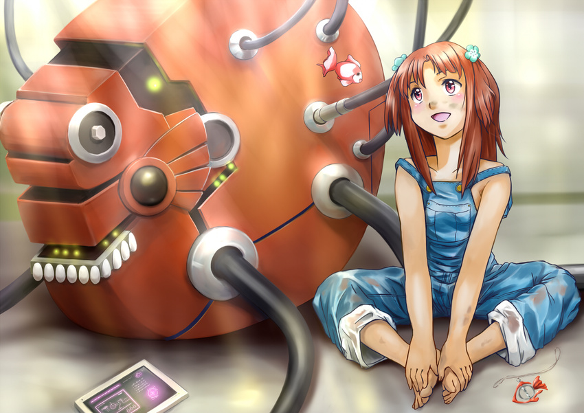 barefoot blush capri_pants commentary_request dirty dirty_feet female fish galilei_donna hands_on_feet hozuki_ferrari indian_style naked_overalls overalls pants pants_rolled_up red_hair saiun_nagisa sitting solo tablet_pc