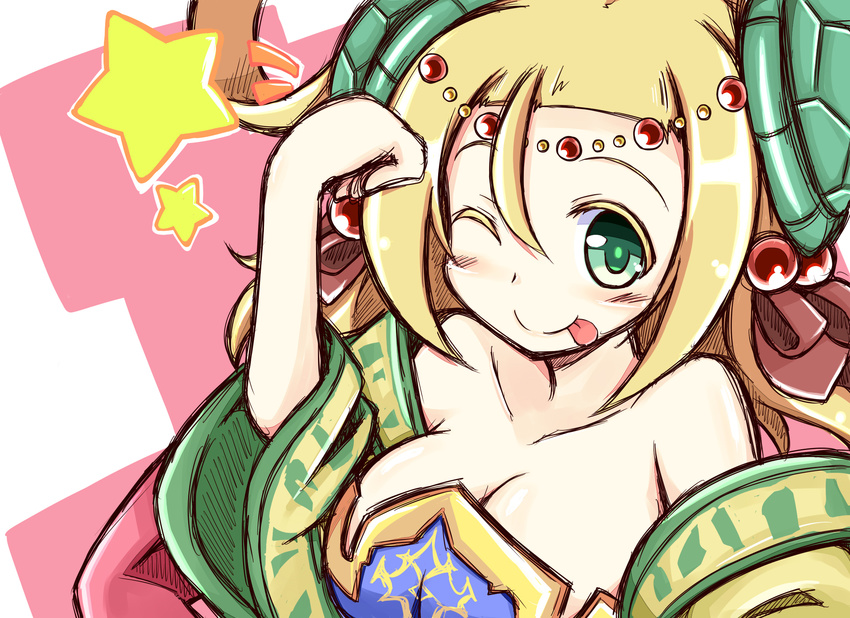 ;p ^^^ blonde_hair breasts circlet commentary_request female green_eyes hair_bobbles hair_ornament hair_rings highres large_breasts long_hair meimei_(p&d) nanashino_(nanasino101) one_eye_closed photoshop_(medium) puzzle_&_dragons solo star_(symbol) tongue tongue_out turtle_shell