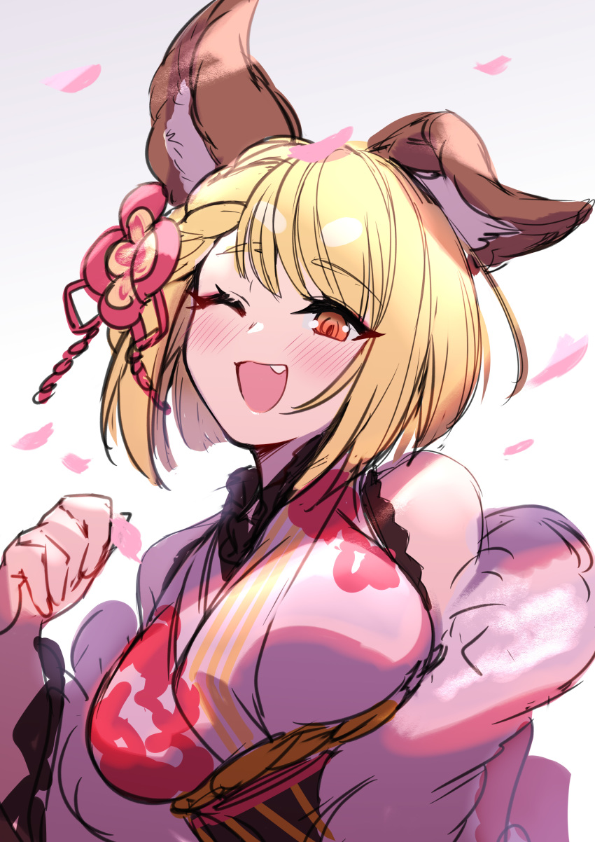 absurdres aki663 animal_ears blonde_hair breasts dog_ears dog_girl erune female granblue_fantasy highres japanese_clothes kimono medium_breasts one_eye_closed orange_eyes short_hair solo vajra_(granblue_fantasy)