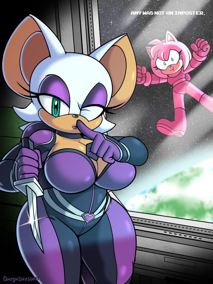 2020 3:4 absurd_res among_us amy_rose angry anthro bat big_breasts biped black_clothing bodysuit boots breasts choker cleavage clothed clothing crewmate_(among_us) crossover digital_media_(artwork) duo english_text eulipotyphlan eyeshadow female fist footwear fur gloves green_eyes handwear heart_symbol hedgehog hi_res holding_breath holding_object holding_weapon impostor_(among_us) innersloth inside_looking_out jewelry knife lipstick looking_at_viewer makeup mammal metal_wall necklace nintendo omegasunburst one_eye_closed orbit pink_body pink_fur purple_clothing purple_eyeshadow purple_gloves purple_handwear rouge_the_bat sega shush signature skinsuit smile sonic_the_hedgehog_(series) space space_station spacesuit standing star star_fox teal_eyes text thick_thighs tight_clothing weapon white_body white_fur wide_hips window wink