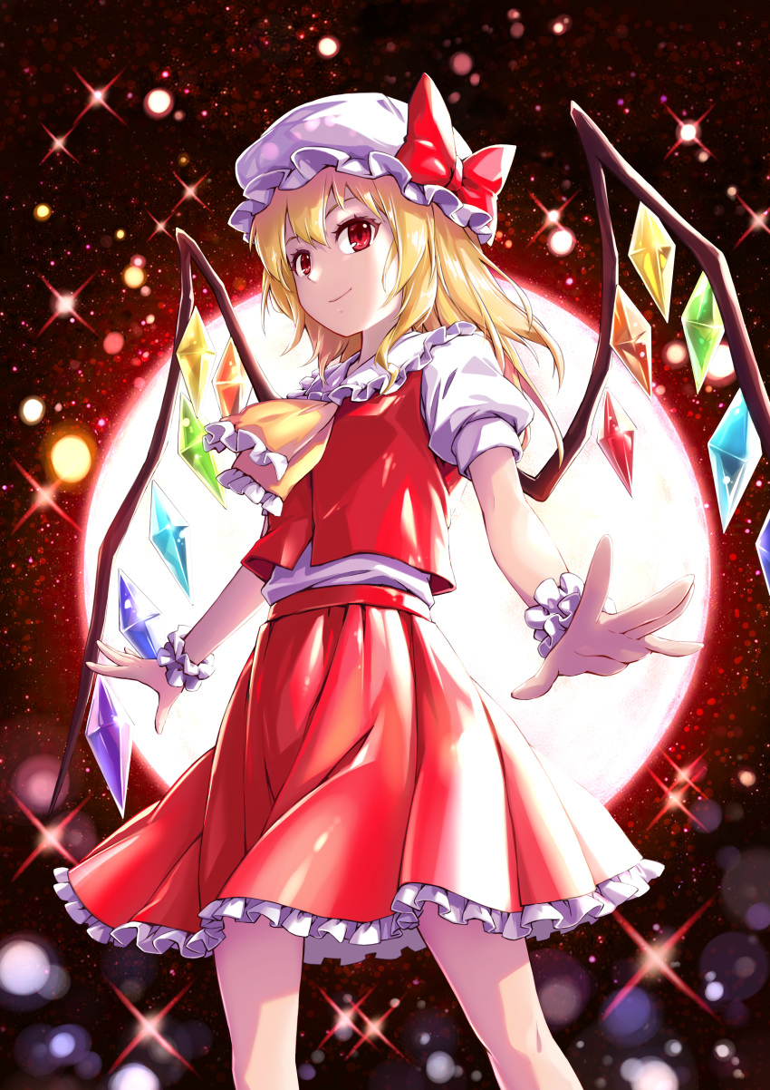 absurdres blonde_hair crystal female fish.boy flandre_scarlet hat highres long_hair mob_cap puffy_short_sleeves puffy_sleeves red_eyes red_skirt red_vest short_sleeves skirt solo touhou vest white_hat wings wrist_cuffs