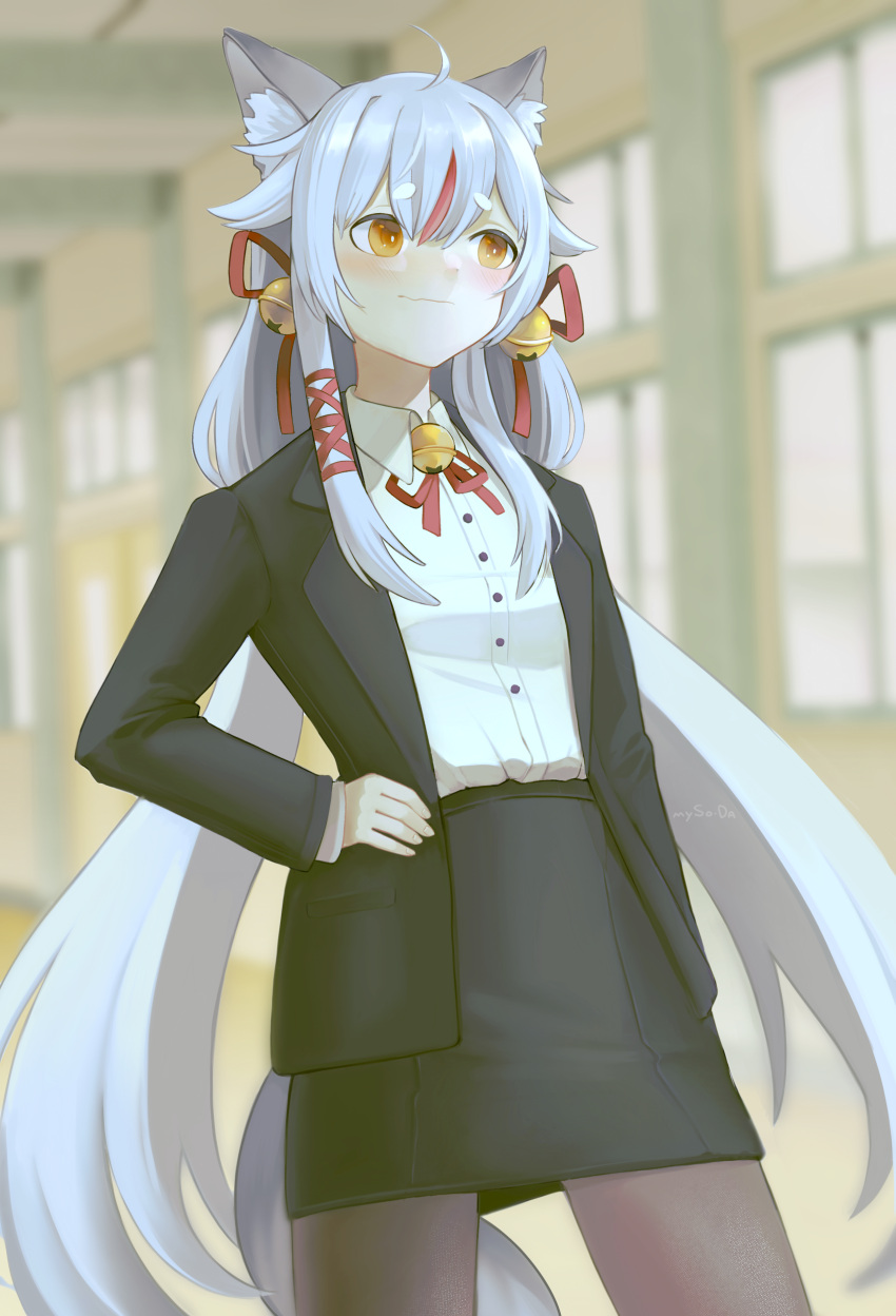 absurdres ahoge animal_ear_fluff animal_ears bell black_skirt black_suit blurry blurry_background brown_eyes female formal fox_girl hair_bell hair_ornament hair_ribbon hand_on_own_hip highres indie_virtual_youtuber kamiko_kana long_hair multicolored_hair mysoda neck_bell neck_ribbon pantyhose red_hair red_ribbon ribbon shirt_tucked_in short_eyebrows skirt solo streaked_hair suit tail twintails very_long_hair virtual_youtuber walking wavy_mouth white_hair window