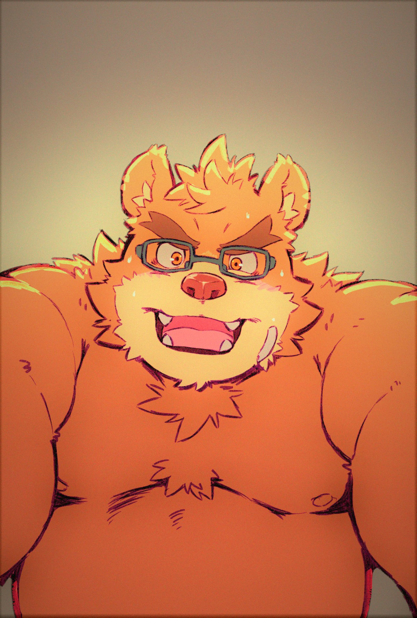 2020 anthro bear belly blush brown_body brown_fur cute_fangs eyewear fur glasses heylaw21 hi_res kemono lifewonders male mammal moobs nipples overweight overweight_anthro overweight_male simple_background solo tokyo_afterschool_summoners volos_(tas)