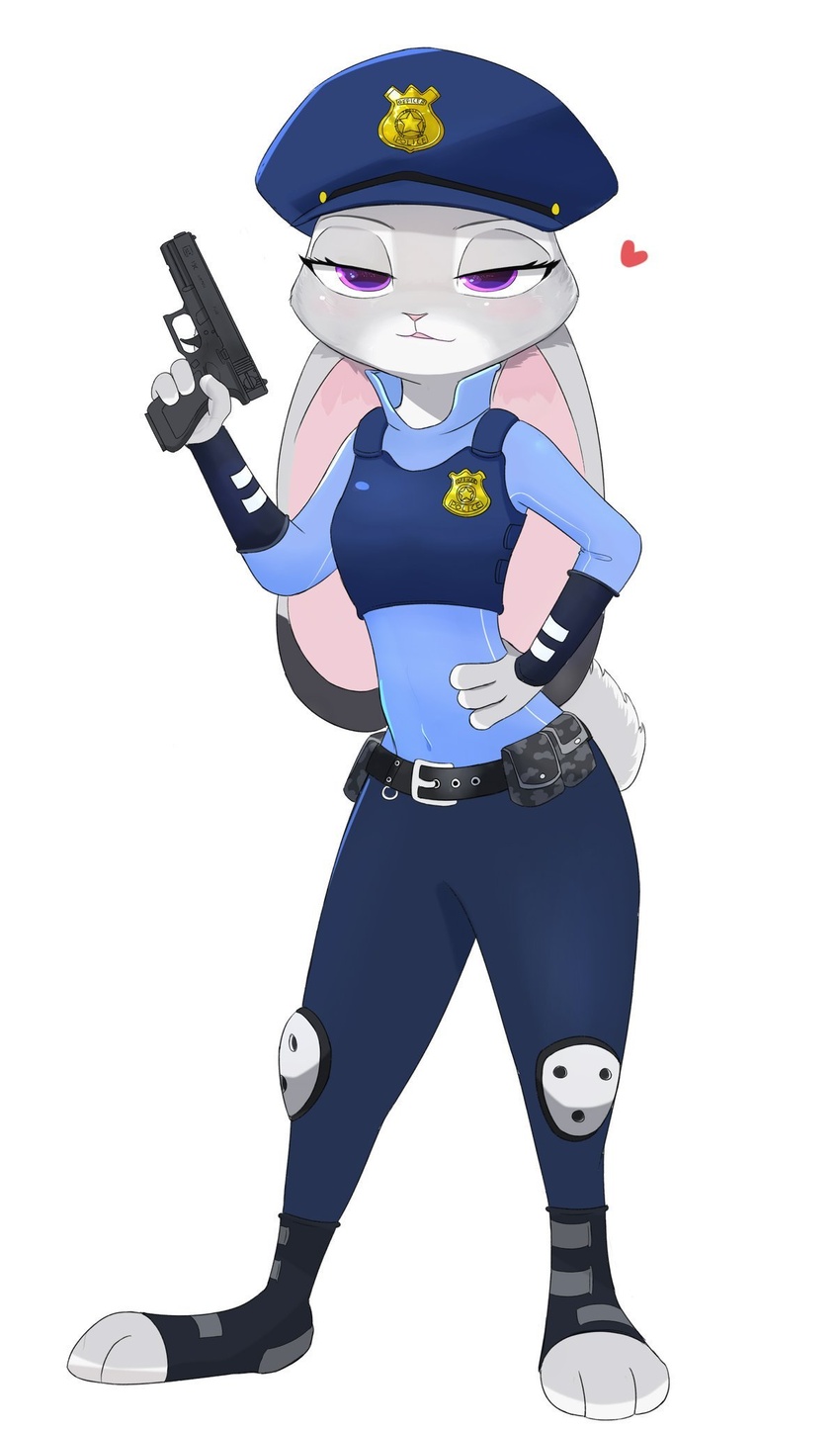 2020 anthro belt blush clothed clothing digital_media_(artwork) dipstick_ears disney ear_markings ears_down female fully_clothed fur glock grey_body grey_fur gun half-closed_eyes handgun hat headgear headwear heart_symbol hi_res holding_gun holding_object holding_ranged_weapon holding_weapon judy_hopps lagomorph leporid mammal multicolored_ears narrowed_eyes pistol pivoted_ears police police_uniform purple_eyes rabbit ranged_weapon shaded simple_background solo standing swetpot toeless_legwear unavailable_at_source uniform weapon white_background zootopia