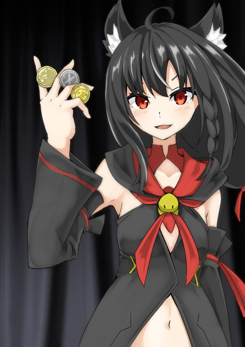 absurdres ahoge animal_ear_fluff animal_ears armpits black_curtains black_hair blush braid cell_medal coin commentary_request core_medal curtains female fox_ears fox_girl highres hololive kurokami_fubuki looking_at_viewer midriff namekonnn navel open_mouth red_eyes smile solo upper_body virtual_youtuber