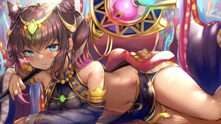 bad_id bad_twitter_id bare_shoulders bead_necklace beads black_hair blue_eyes breasts circlet cleopatra_(legend_clover) commentary_request cone_hair_bun crop_top dark-skinned_female dark_skin detached_sleeves ear_piercing egyptian_clothes female hair_bun highres holding holding_staff jewelry legend_clover long_hair long_sleeves looking_at_viewer lying midriff navel necklace nekomugiharu on_stomach piercing revealing_clothes small_breasts smile smirk solo staff stomach thighs twintails wide_sleeves