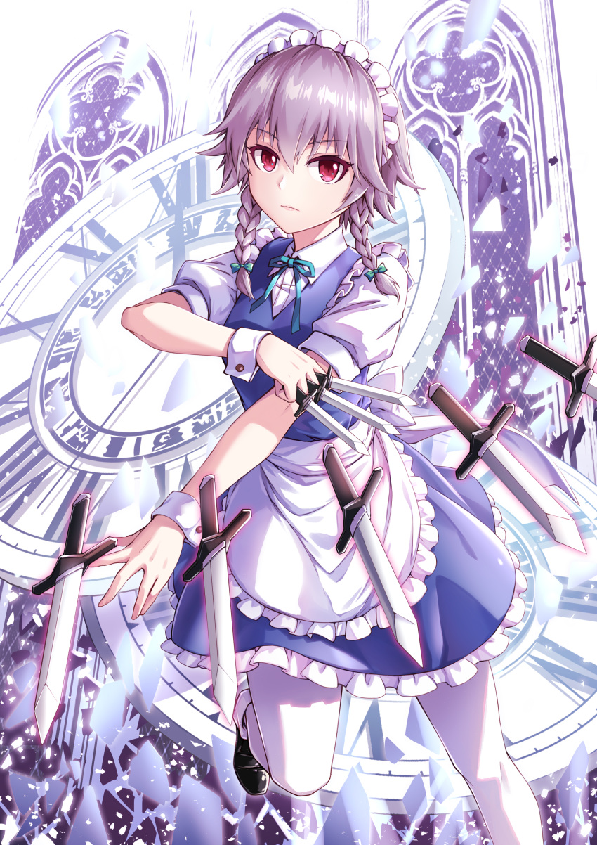 absurdres apron braid female fish.boy grey_hair highres izayoi_sakuya knife maid maid_apron maid_headdress pantyhose red_eyes short_hair solo touhou twin_braids waist_apron white_pantyhose wrist_cuffs