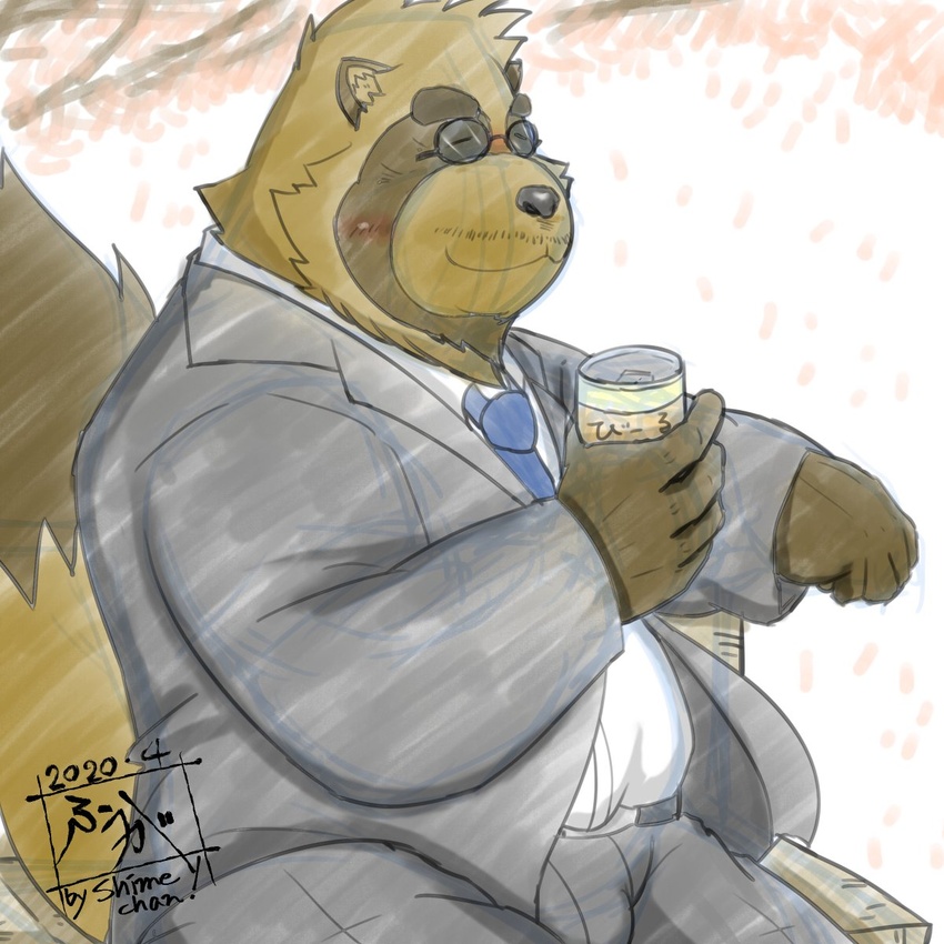 1:1 2020 anthro belly big_belly bottomwear brown_body brown_fur canid canine closed_eyes clothing fur hi_res humanoid_hands japanese_text kemono male mammal necktie overweight overweight_anthro overweight_male pants raccoon_dog shirt sitting solo tanuki tanutronik753_k text topwear