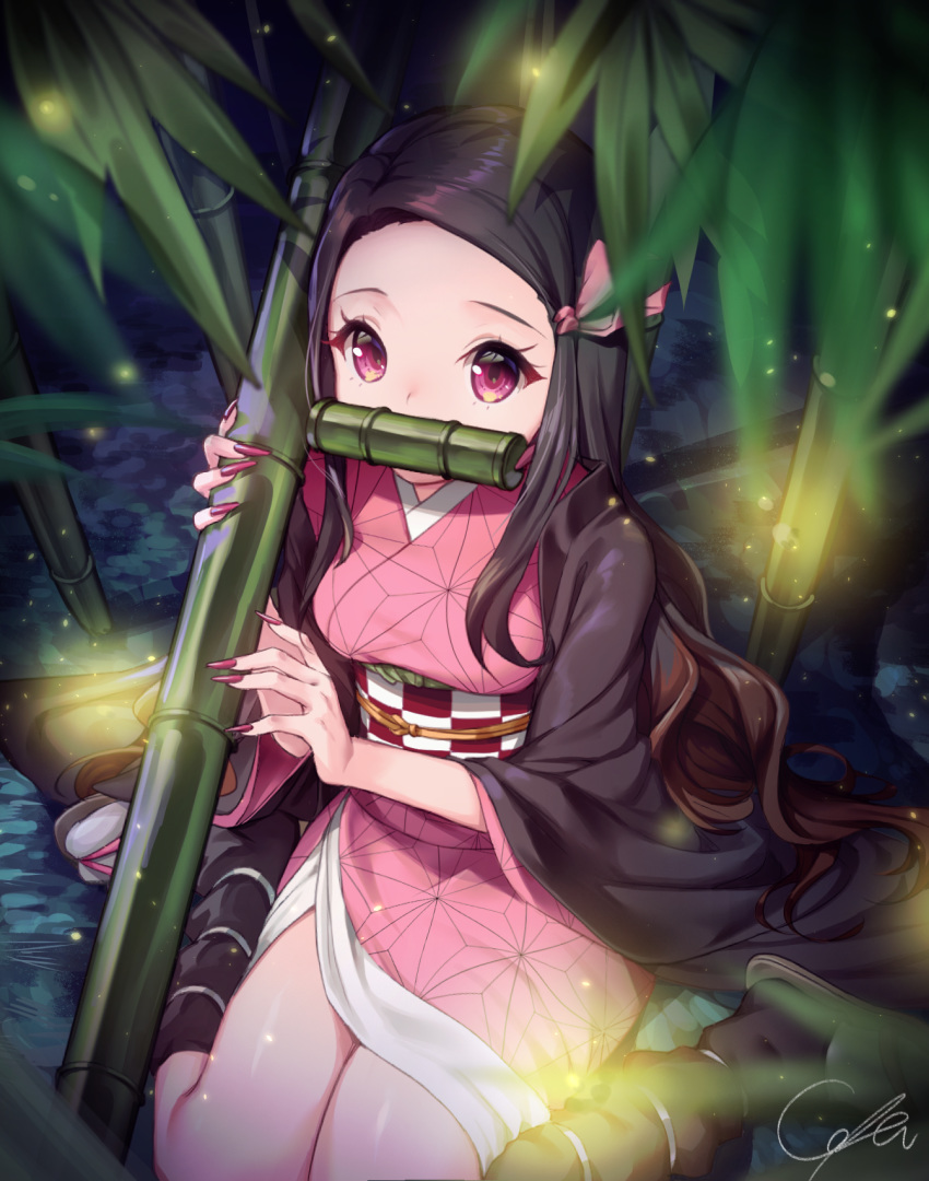 bamboo bit_gag black_hair black_legwear blurry blurry_foreground breasts brown_footwear brown_hair checkered_sash commentary depth_of_field female fingernails fireflies forehead gag hair_ribbon highres holding japanese_clothes kamado_nezuko kimetsu_no_yaiba kimono konbu_(hida123) long_fingernails long_hair long_sleeves looking_at_viewer mouth_hold multicolored_hair night obi on_ground open_clothes outdoors parted_bangs pink_kimono pink_ribbon red_eyes red_nails ribbon sandals sash sharp_fingernails signature sitting small_breasts solo two-tone_hair very_long_hair wariza wide_sleeves zouri