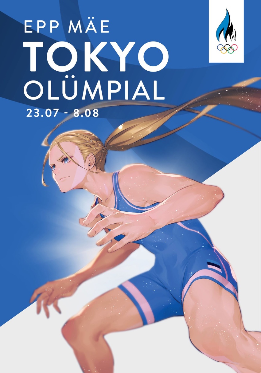 2020_summer_olympics blonde_hair blue_eyes braid epp_maee estonian_flag estonian_text female highres long_hair monq olympics ponytail real_life skin_tight solo sportswear toned wrestling wrestling_outfit